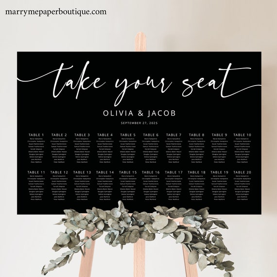 Wedding Seating Chart Template, Modern Script, Black Background, Wedding Seating Plan Printable, Editable Poster, Templett INSTANT Download