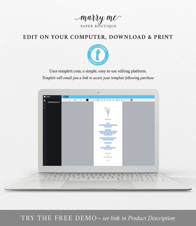Wedding Menu Template Tall, Modern Rustic Design, Templett Instant Download, Editable Menu Printable, Try Before Purchase imagen 6