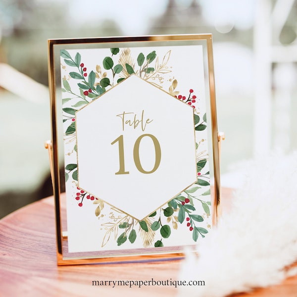 Winter Berry Table Number Sign Template, Christmas Wedding, Table Number Printable, Instant Download, Templett, Editable