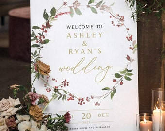 Wedding Welcome Sign Template, Elegant Winter Wreath, Editable Wedding Sign, Red Berries, Christmas Wedding, Templett INSTANT Download