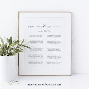 Wedding Vows Wall Art Printable, Elegant Calligraphy, First Anniversary Gift, Vows Wall Art Template, Templett, INSTANT Download