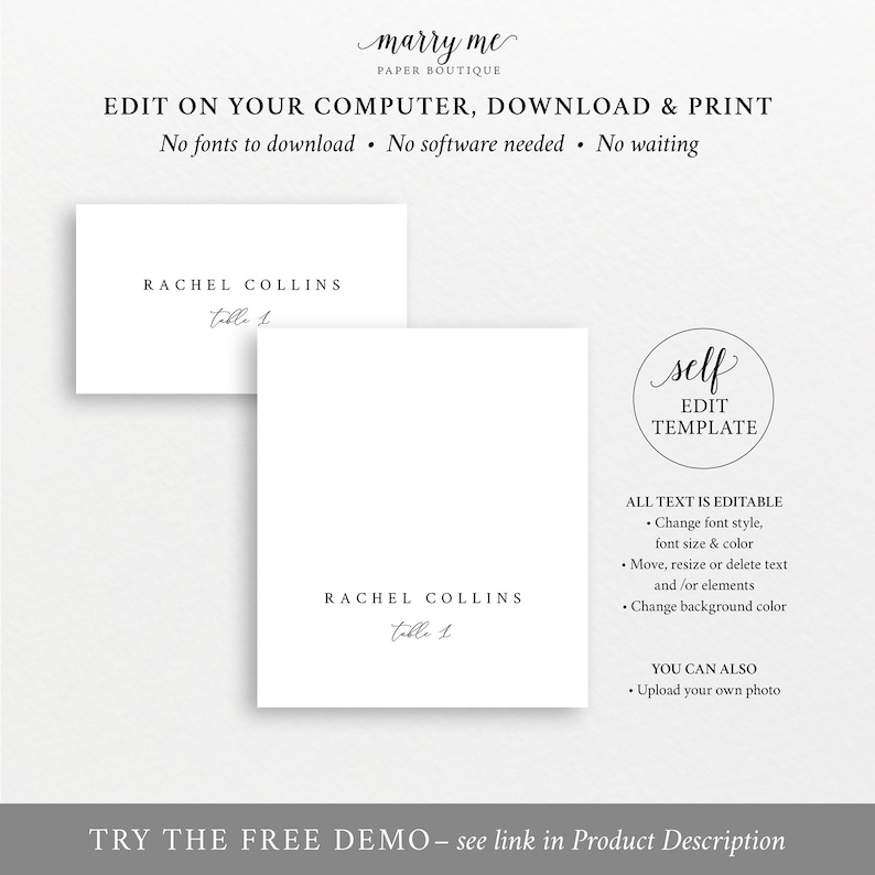 INSTANT Download Templett Elegant /& Refined Wedding Place Card Template Seating Card Printable Fully Editable