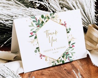 Winter Berry Thank You Card Template, Christmas Wedding, Folded Card Printable, Templett Editable, Instant Download