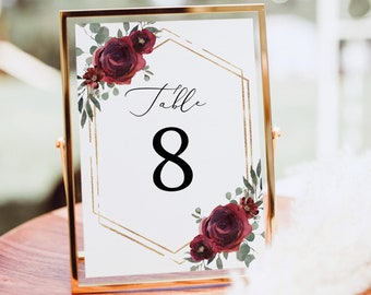 Table Number Template, Elegant Burgundy Floral, Wedding Table Number Sign, Printable, Editable, Templett INSTANT Download
