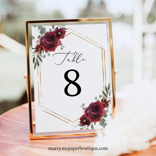 Table Number Template, Elegant Burgundy Floral, Wedding Table Number Sign, Printable, Editable, Templett INSTANT Download