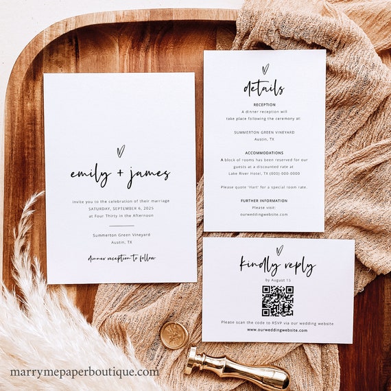 Wedding Invitation Template Set, Love Heart, Editable, QR Code RSVP Card, Printable, Modern Wedding Invitations, Templett INSTANT Download