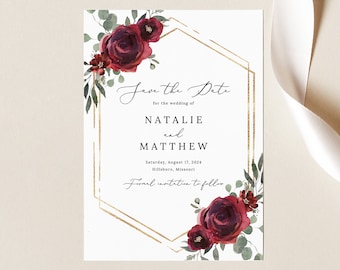 Save the Date Template, Elegant Burgundy Floral, Editable Save Our Date Card, Printable, Hexagon, Templett INSTANT Download