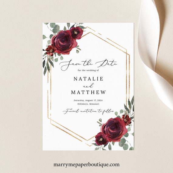 Save the Date Template, Elegant Burgundy Floral, Editable Save Our Date Card, Printable, Hexagon, Templett INSTANT Download