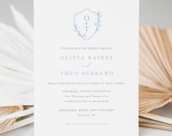 Wedding Invitation Template Set, Blue Crest & Monogram, QR Code RSVP, Details, Reply Card, Editable, Printable, Templett INSTANT Download