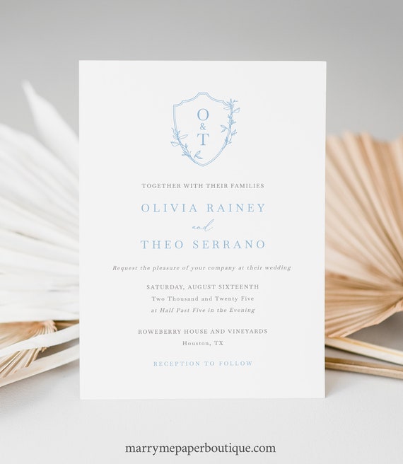 Wedding Invitation Template Set, Blue Crest & Monogram, QR Code RSVP, Details, Reply Card, Editable, Printable, Templett INSTANT Download