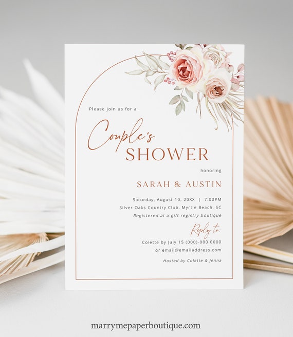 Couples Shower Invitation Template, Blush Floral Boho Arch, Printable, Boho Couples Shower Invite Card, Editable, Templett INSTANT Download