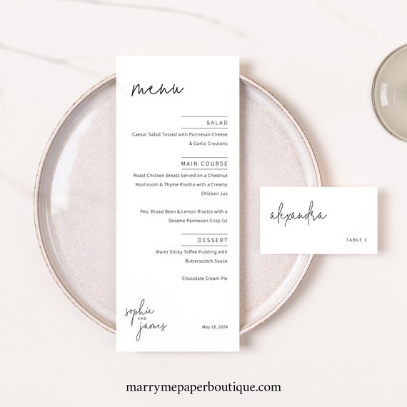 Wedding Menu & Name Card Template, Elegant Minimalist, Table Menu Card Template, Name Card Printable, Editable, Templett INSTANT Download