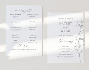 Wedding Program Template, Elegant Botanical, 5x7, Wedding Ceremony Program, Printable, Templett INSTANT Download,  Editable