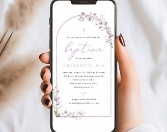 Baptism Text Invitation Template, Lavender Flower Arch, Digital Baptism Invite Text, Editable, Send By Phone, Templett INSTANT Download