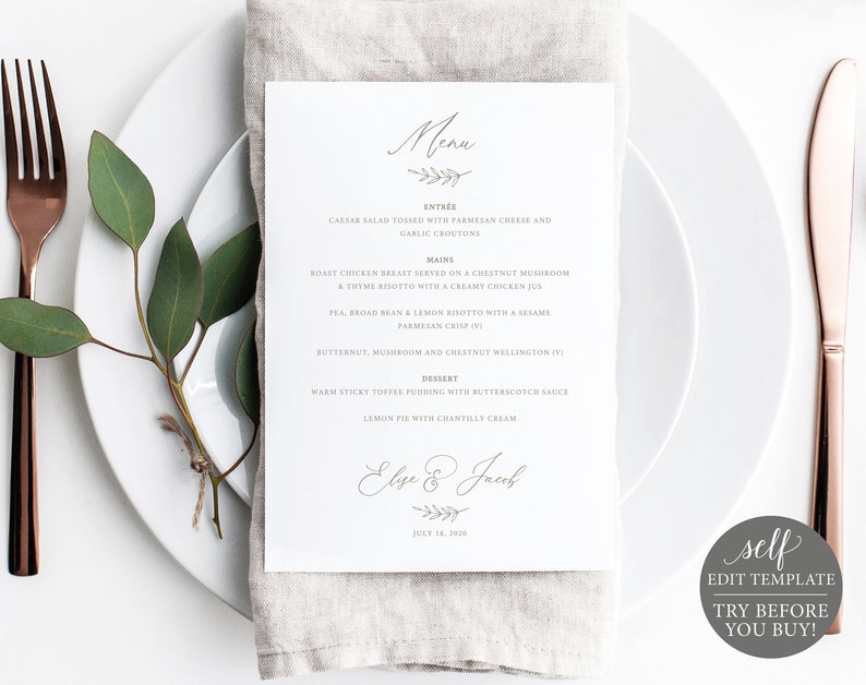 Wedding Menu Template 5x7 Elegant Font Design Try Before - Etsy