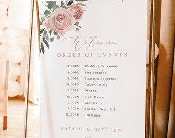 Wedding Order of Events Sign Template, Dusky Pink Floral, Editable Wedding Itinerary Sign, Poster, Printable, Templett INSTANT Download