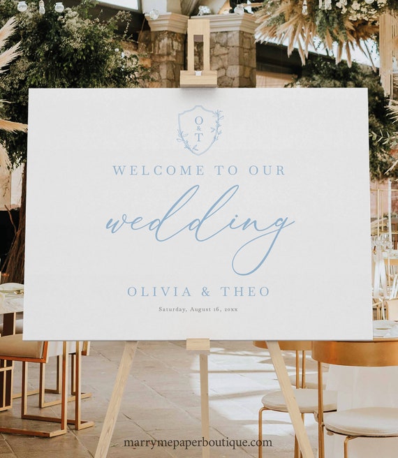 Welcome To Our Wedding Sign Template, Light Blue Wedding Crest & Monogram, Editable, Crest Wedding Welcome Sign, Templett INSTANT Download