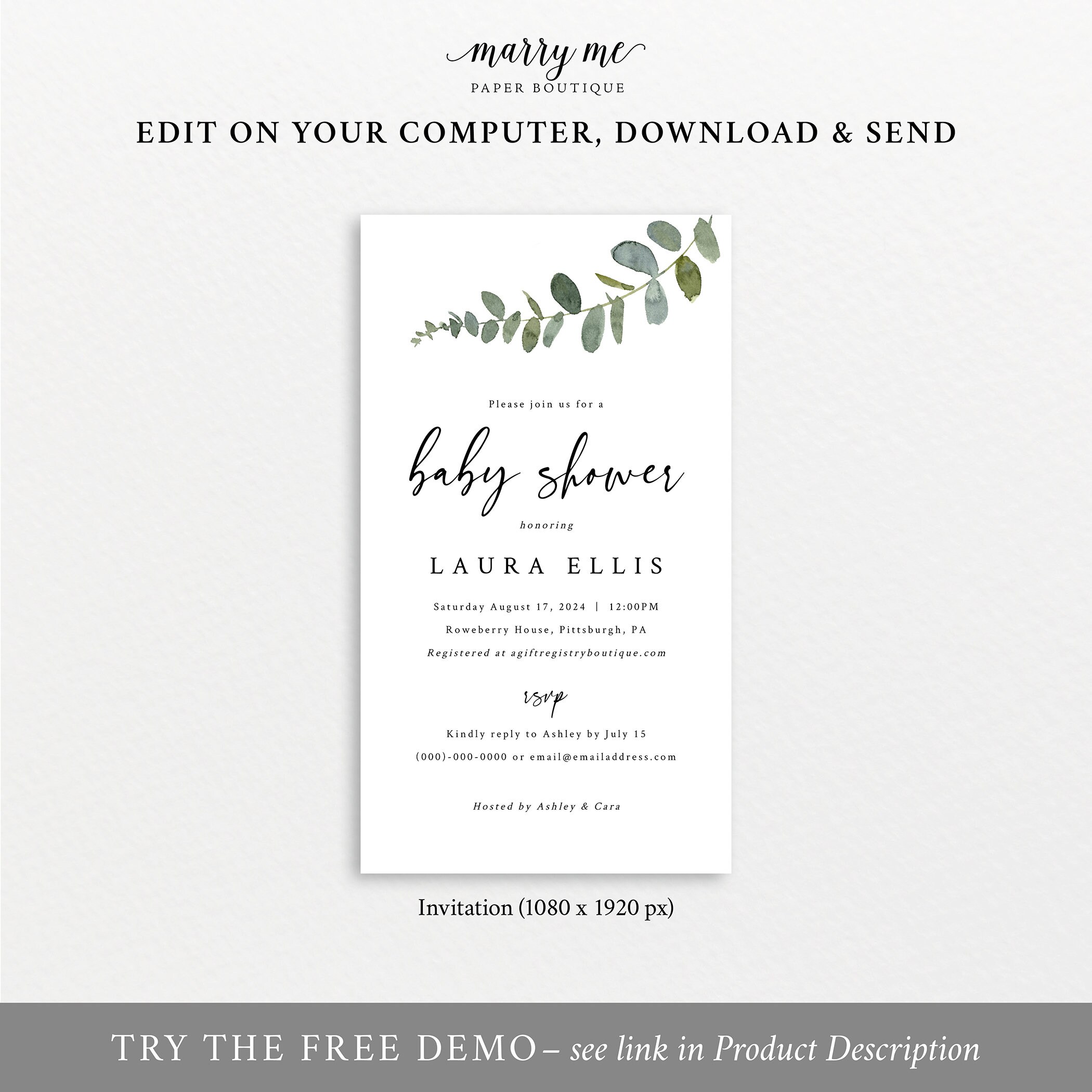 Electronic Baby Shower Invitation Template, Eucalyptus Greenery