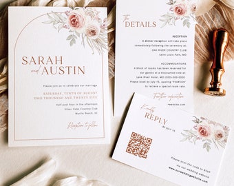 Wedding Invitation Template Set, Blush Floral Boho Arch, Editable, QR Code RSVP, Details, Printable, Reply Card, Templett INSTANT Download