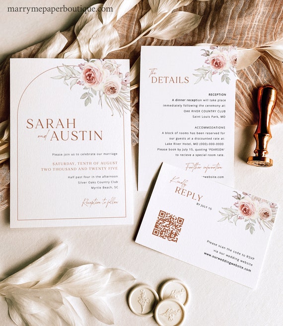 Wedding Invitation Template Set, Blush Floral Boho Arch, Editable, QR Code RSVP, Details, Printable, Reply Card, Templett INSTANT Download