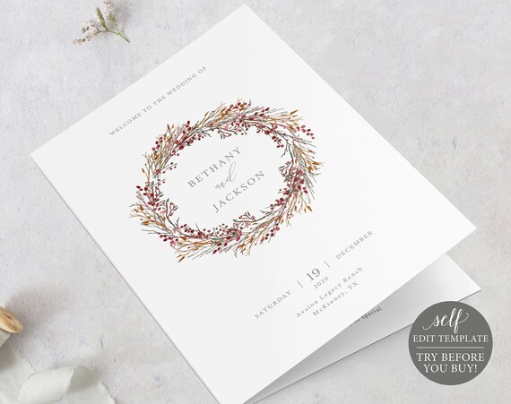 Wedding Program Template Winter Wedding Ceremony Printable Etsy