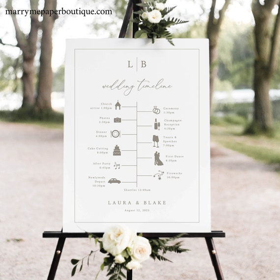 Wedding Timeline Sign Template, Monogram & Border, Elegant Itinerary Sign, Printable, Order of Events Sign, Templett INSTANT Download