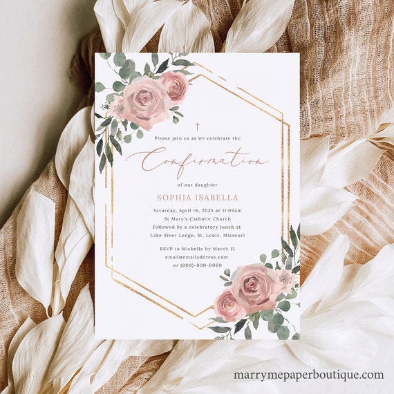 Confirmation Invitation Template, Dusky Pink Floral, Editable, Pink Flower Confirmation Invite, Printable, Templett INSTANT Download