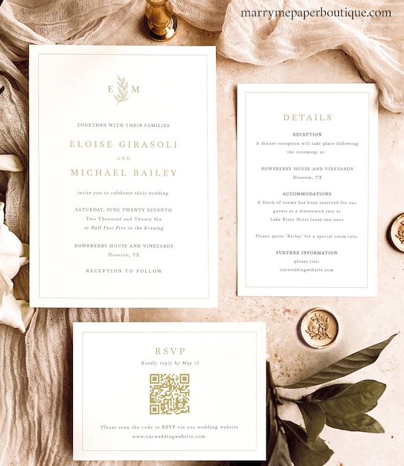 Wedding Invitation Template Set, Leaf Monogram Gold, QR Code RSVP, Details, Editable, Monogram Invite, Printable, Templett INSTANT Download