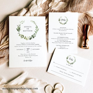 Elegant Greenery Wedding Invitation Template Set, Editable & Printable, Templett Instant Download, Try Before Purchase