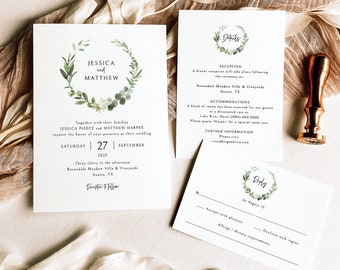 Elegant Greenery Wedding Invitation Template Set, Editable & Printable, Templett Instant Download, Try Before Purchase