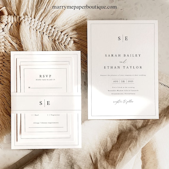 Wedding Invitation Template Set, Minimalist Wedding Monogram, Editable, Wedding Invitation Suite, Printable, Templett INSTANT Download