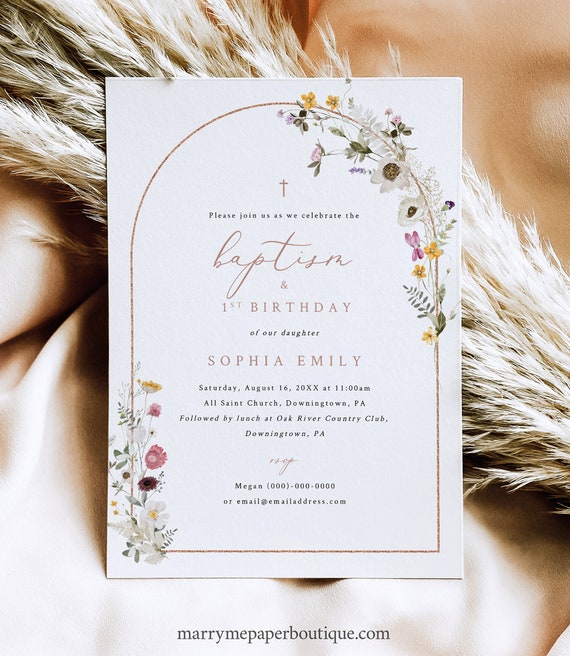 Wildflower Baptism & First Birthday Invitation Template, Wildflower Arch, Editable, Baptism and 1st Birthday Card, Templett INSTANT Download