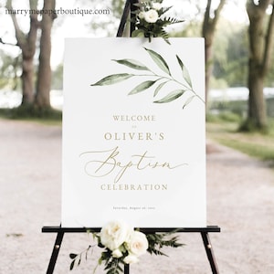 Baptism Welcome Sign Template, Try Before Purchase, Editable Instant Download, Greenery Leaf