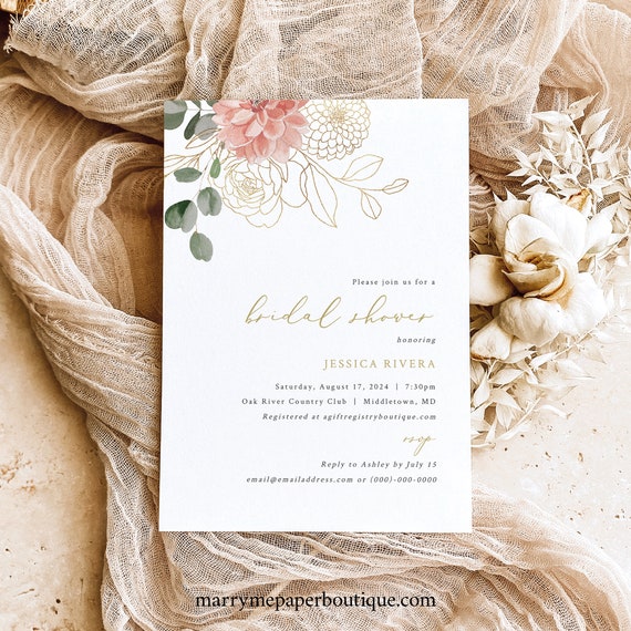 Bridal Shower Invitation Template, Blush & Gold Flowers, Bridal Shower Invitation Card Printable, Editable, Templett INSTANT Download