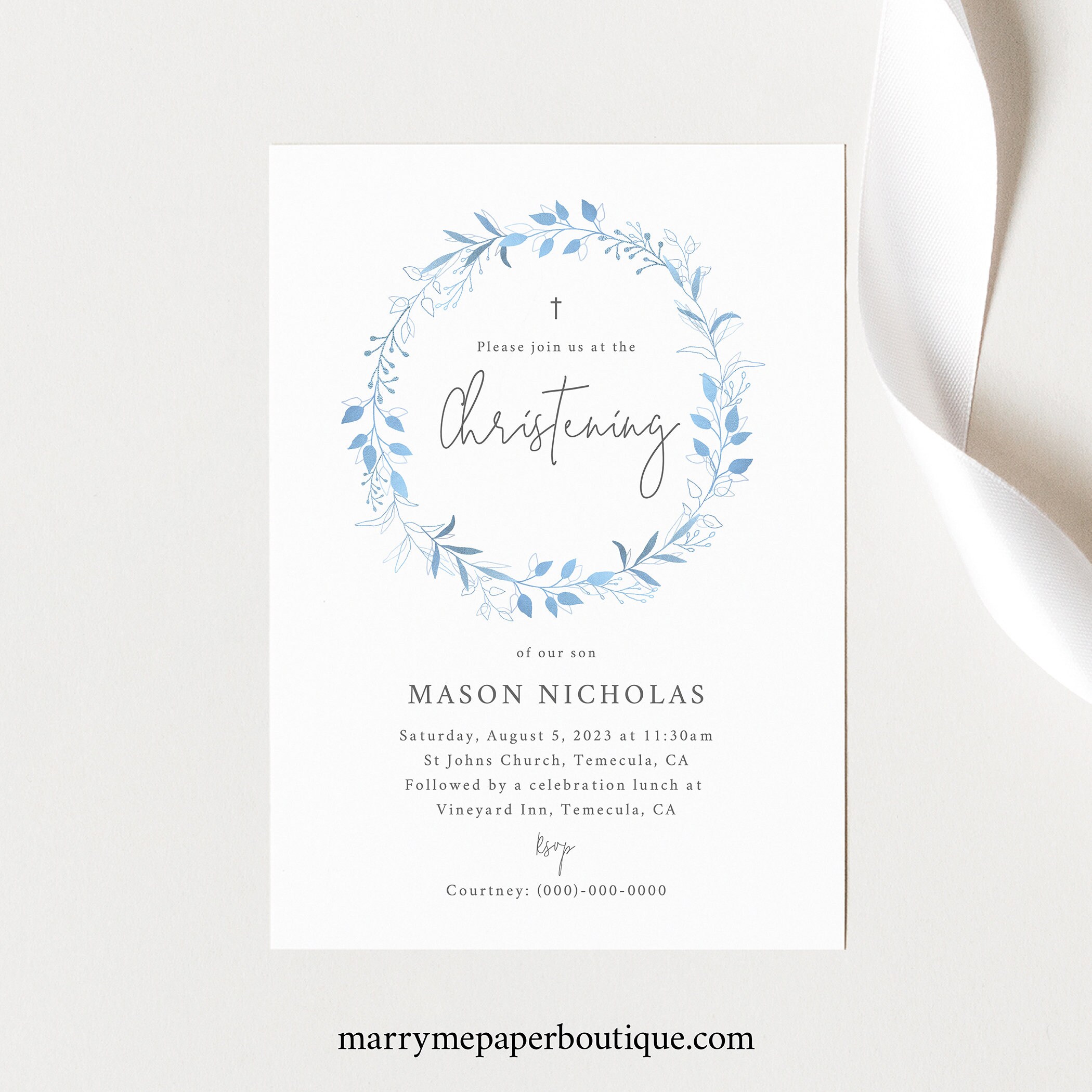 Christening Invitation Template, Elegant Light Blue Wreath, Printable Christening Invite ...