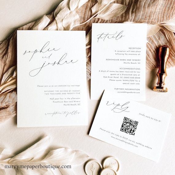 Wedding Invitation Template Set, Luxury Calligraphy, Editable QR Code RSVP, Calligraphy Wedding Invite, Printable, Templett INSTANT Download