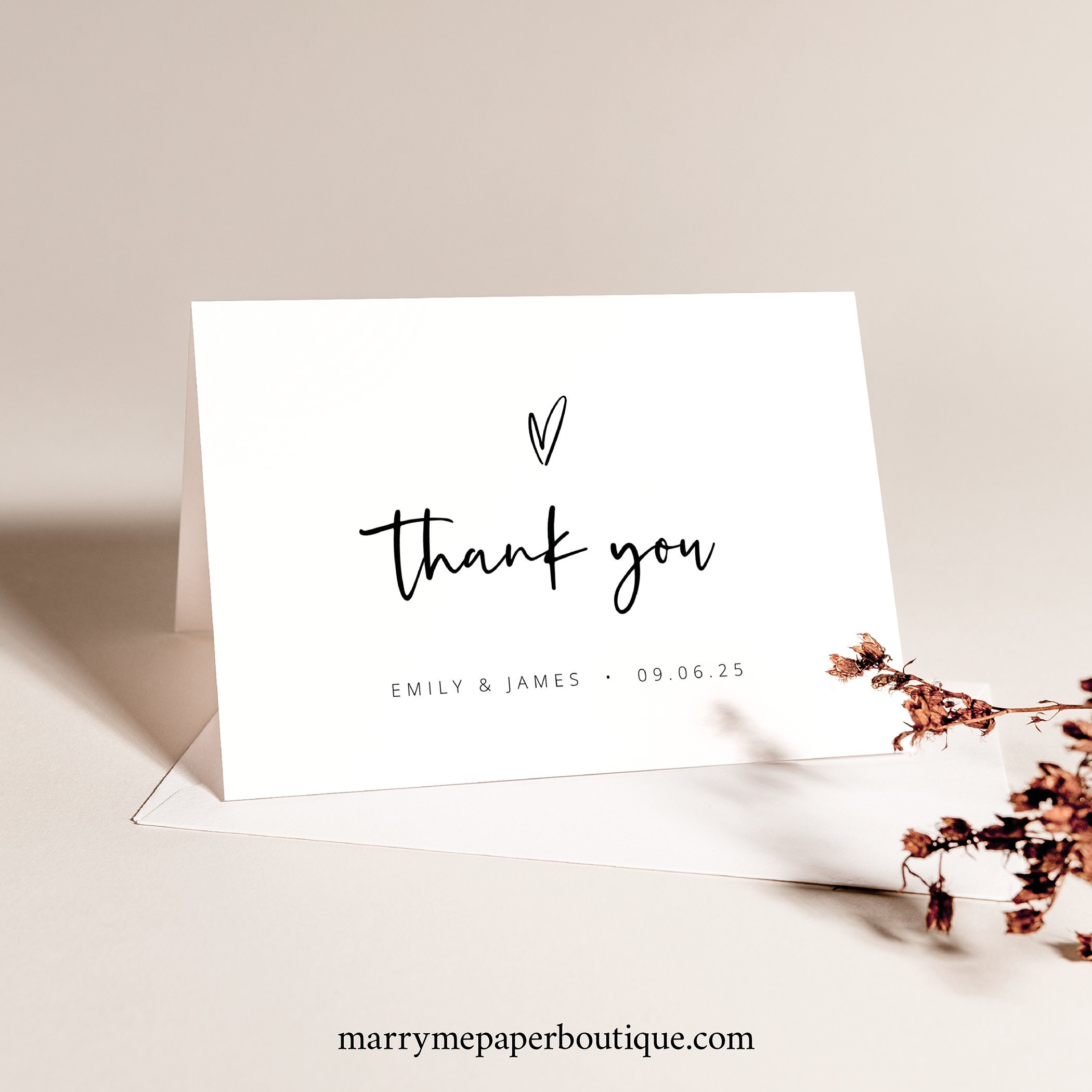 Folding Thank You Card Template, Folded, Love Heart, Editable, Modern Folding Thank You Card Template, Folded, Love Heart, Editable, Modern