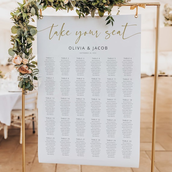 Extra-Large Wedding Seating Plan Template, Modern Calligraphy in Gold, Editable Seating Chart, Seating Poster, Templett INSTANT Download