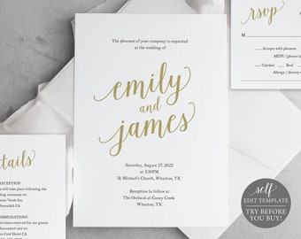 Wedding Invitation Template Suite, Modern Script Gold, Editable & Printable Instant Download, Templett