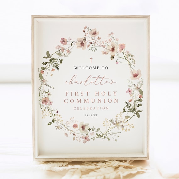 First Communion Welcome Sign Template, Rustic Pink Flowers, First Holy Communion Ceremony Sign, 8x10, Editable, Templett INSTANT Download
