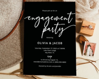 Engagement Party Invitation Template, Modern Script Black Background, Editable Engagement Party Invite, Printable, Templett INSTANT Download