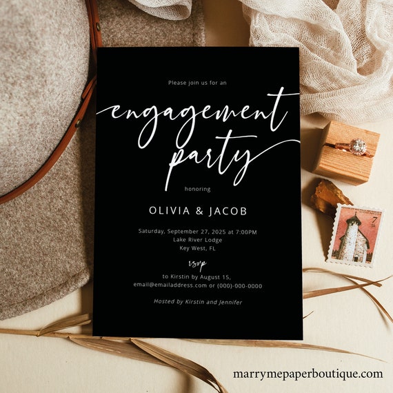 Engagement Party Invitation Template, Modern Script Black Background, Editable Engagement Party Invite, Printable, Templett INSTANT Download