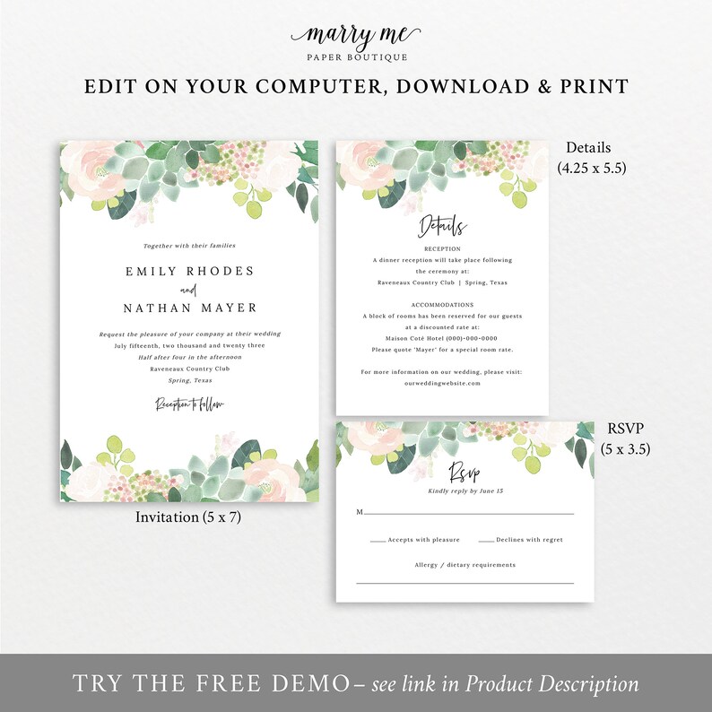 Greenery Details Invite Set Succulent Floral Wedding Invitation Template Set Editable INSTANT Download RSVP Templett Printable