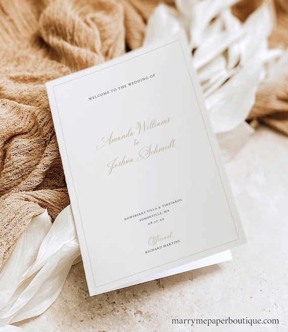 Four Page Wedding Program Template, Traditional Wedding Calligraphy in Gold, Folding Wedding Program, Editable, Templett INSTANT Download