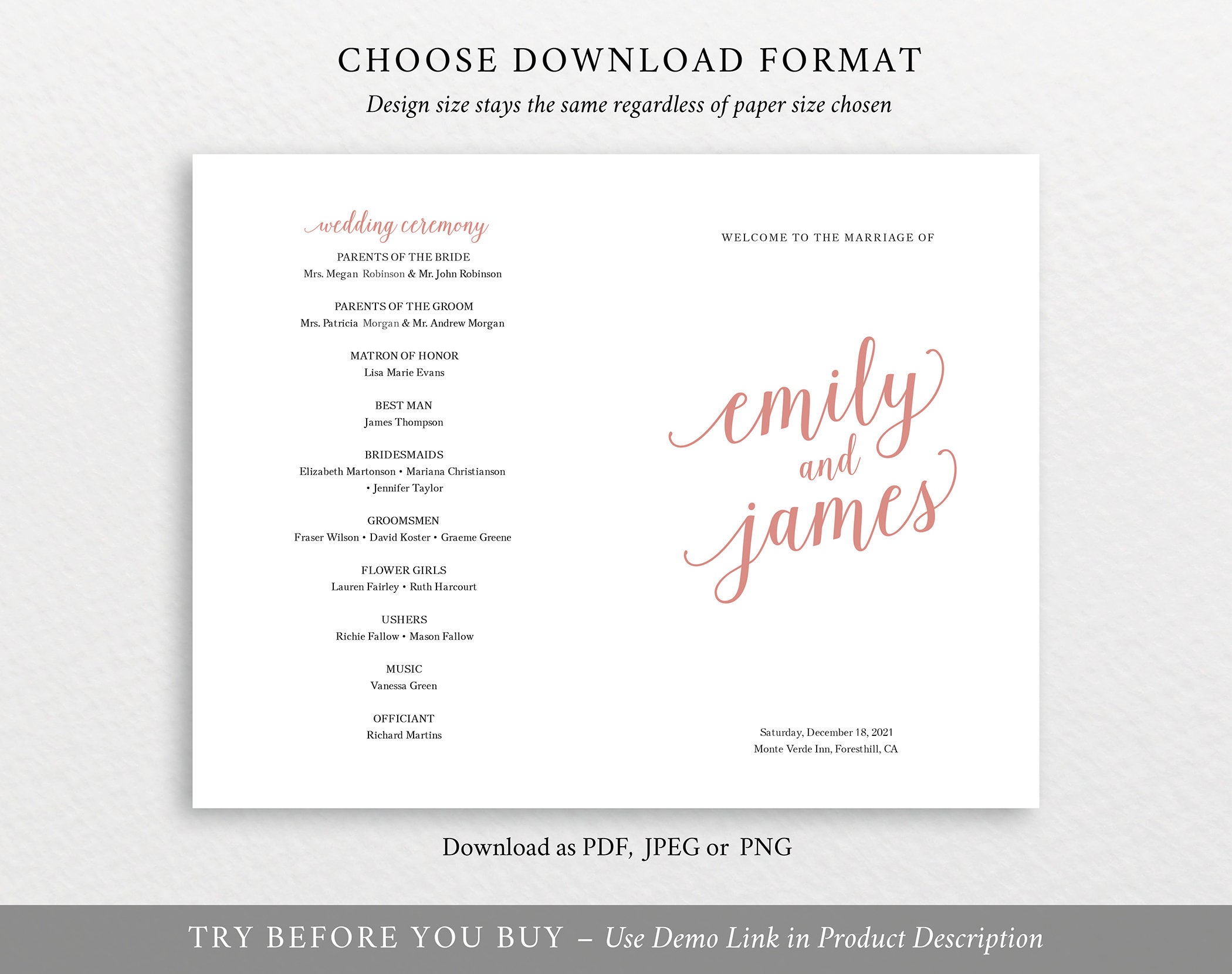 Catholic Wedding Program Template, Rose Gold Script Folded