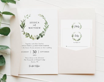 Pocketfold Wedding Invitation Template Set, Elegant Greenery , Templett Instant Download, Try Before Purchase