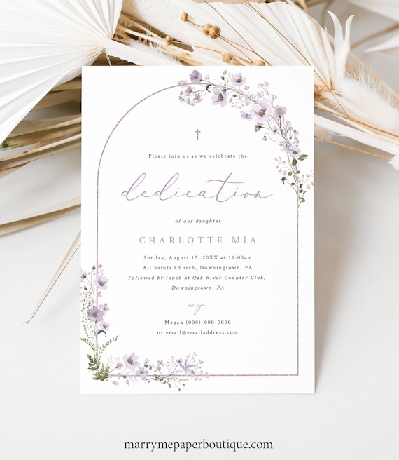 Dedication Invitation Template, Rustic Lavender Flowers Arch, Printable, Editable Dedication Ceremony Invite Card, Templett INSTANT Download