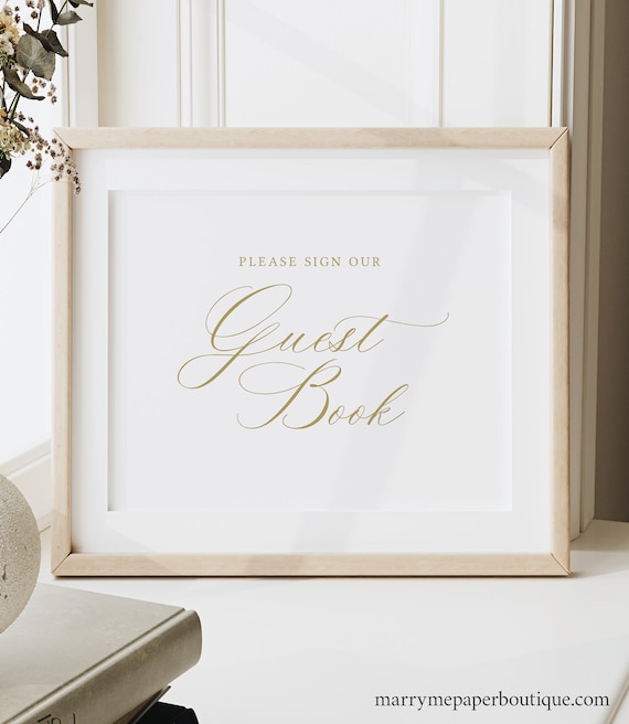 Guest Book Sign Template, Calligraphy Design in Gold, Editable, Please Sign Our Guestbook Sign, 8x10, Landscape, Templett INSTANT Download