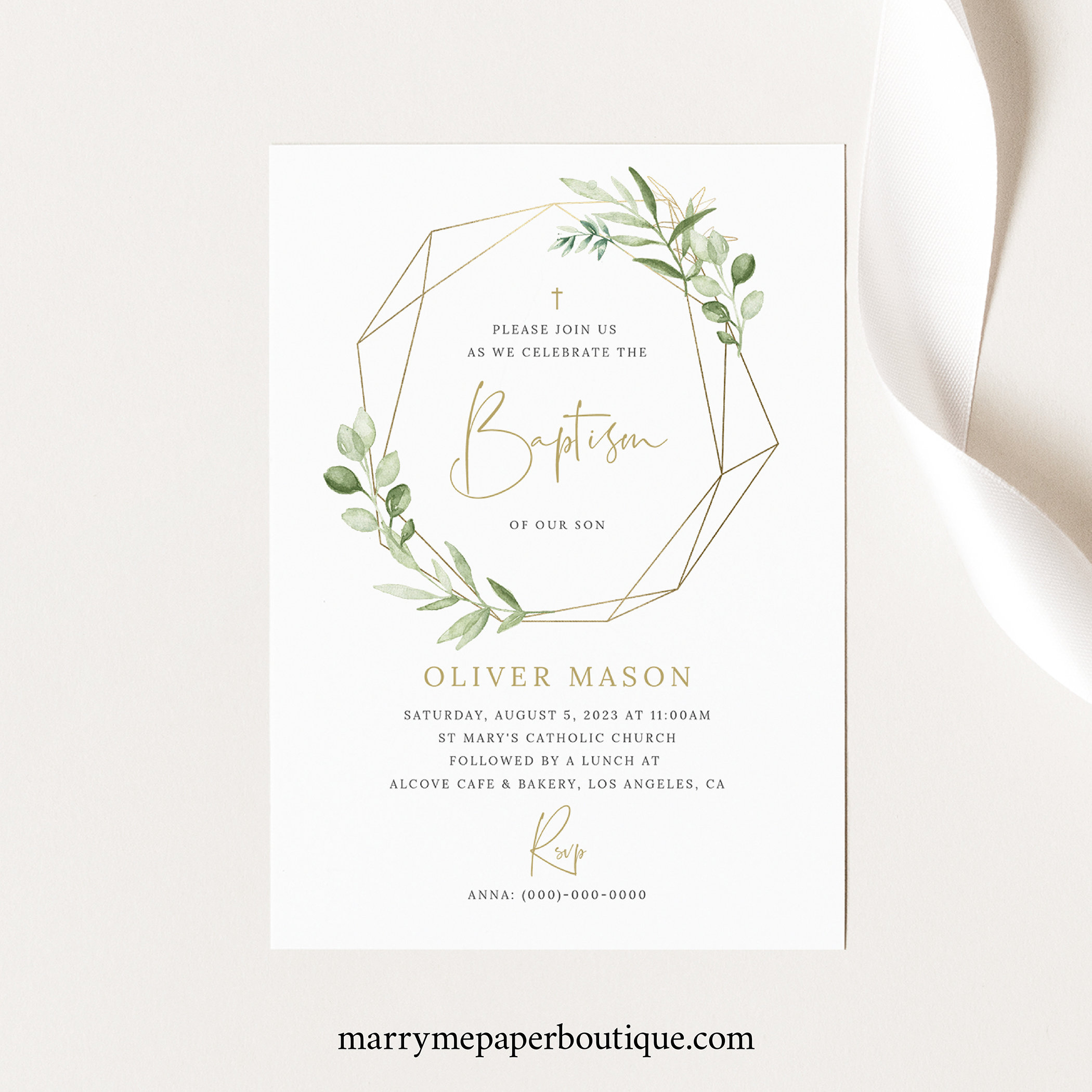 Religious Invites Printed OR Printable Greenery Invitations Gold Geometric Invite Baptism Invitation
