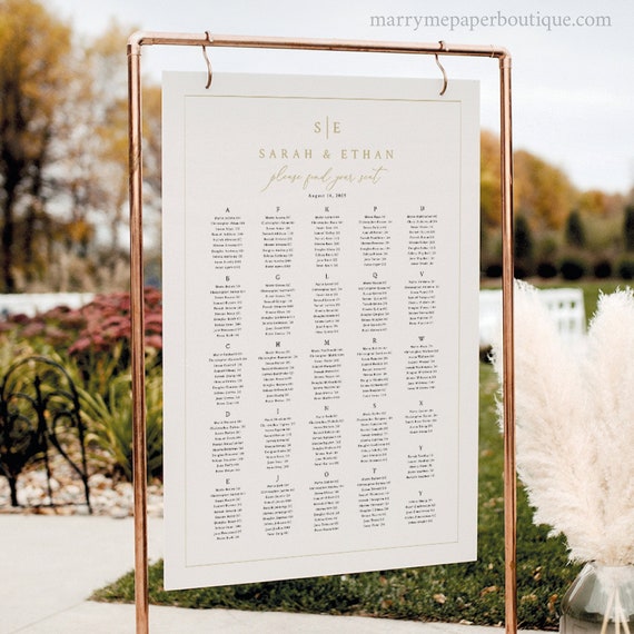 Wedding Seating Chart Template, Minimalist Wedding Monogram, Gold, Seating Plan Sign, Poster, Printable, Editable, Templett INSTANT Download